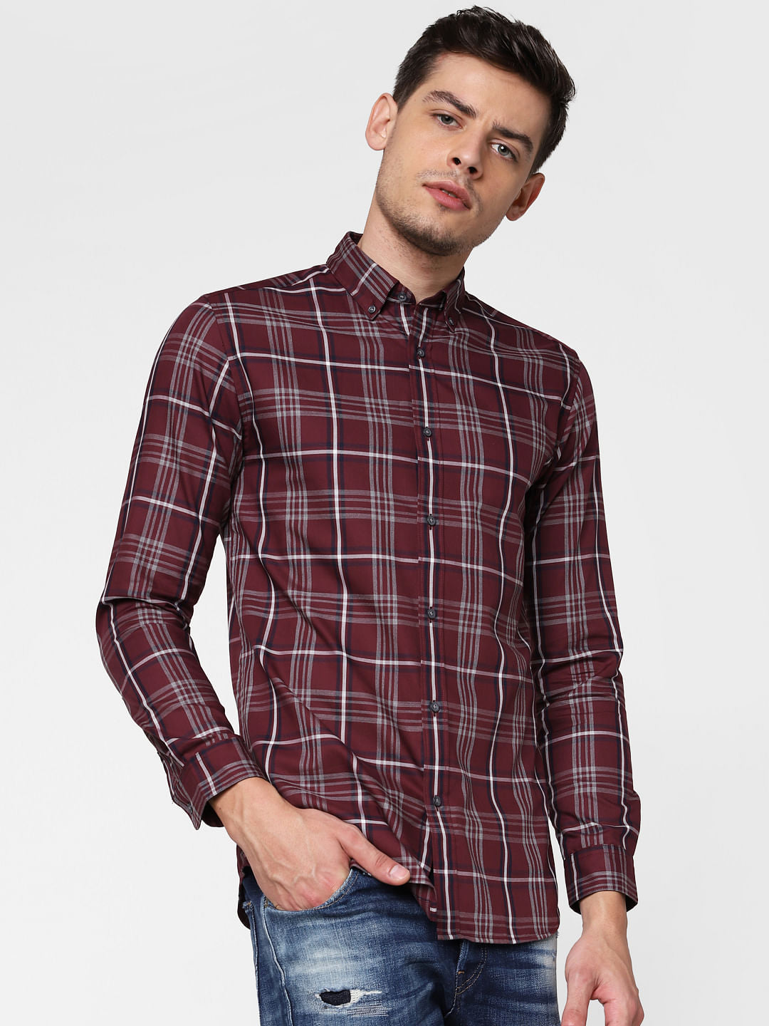Burgundy Check Full Sleeves Shirt