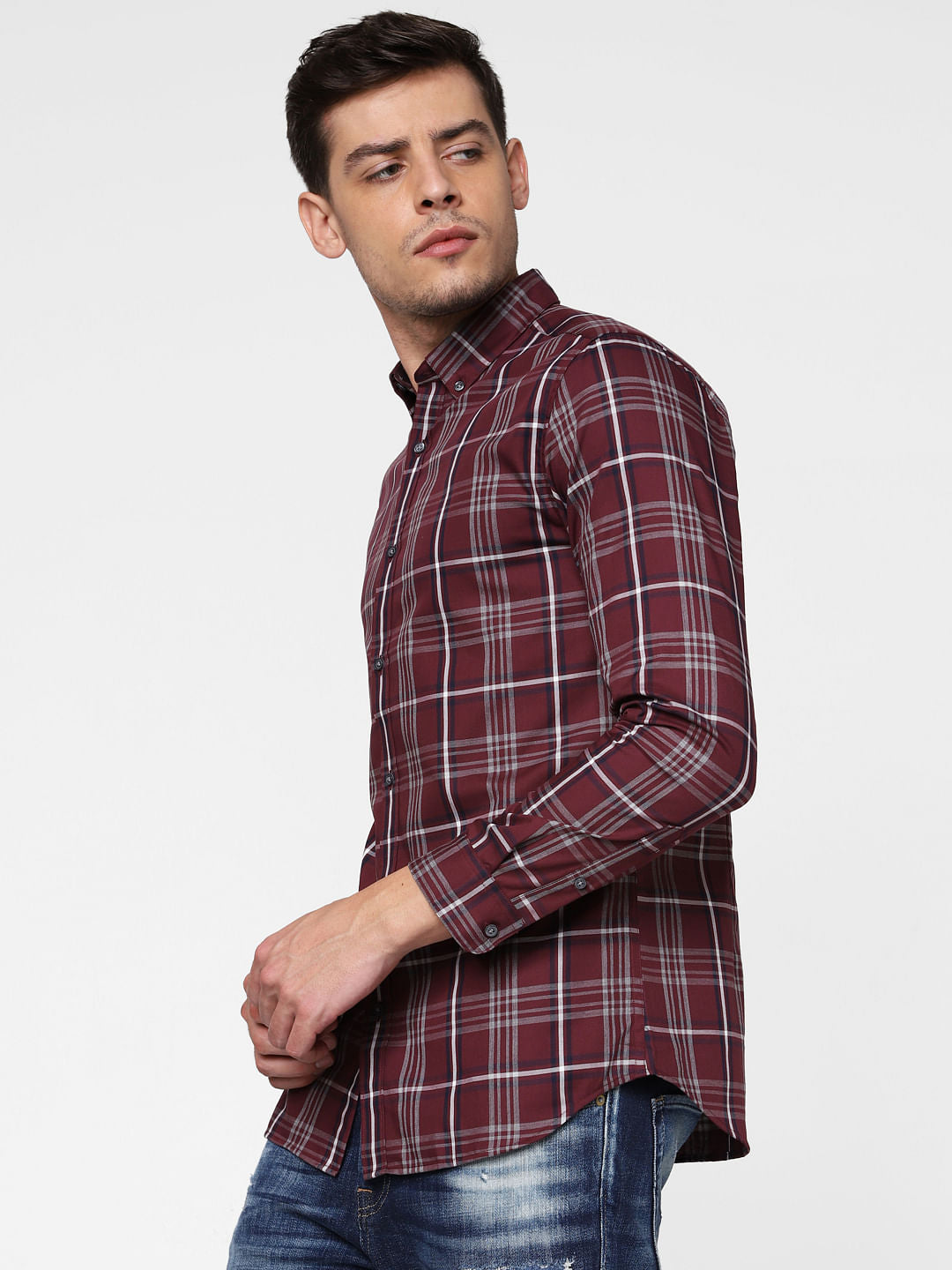 Burgundy Check Full Sleeves Shirt