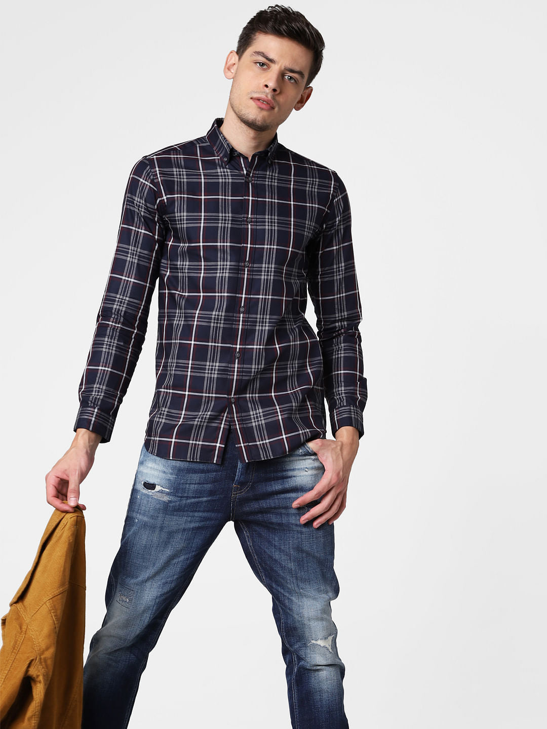 Navy Blue Check Full Sleeves Shirt - S