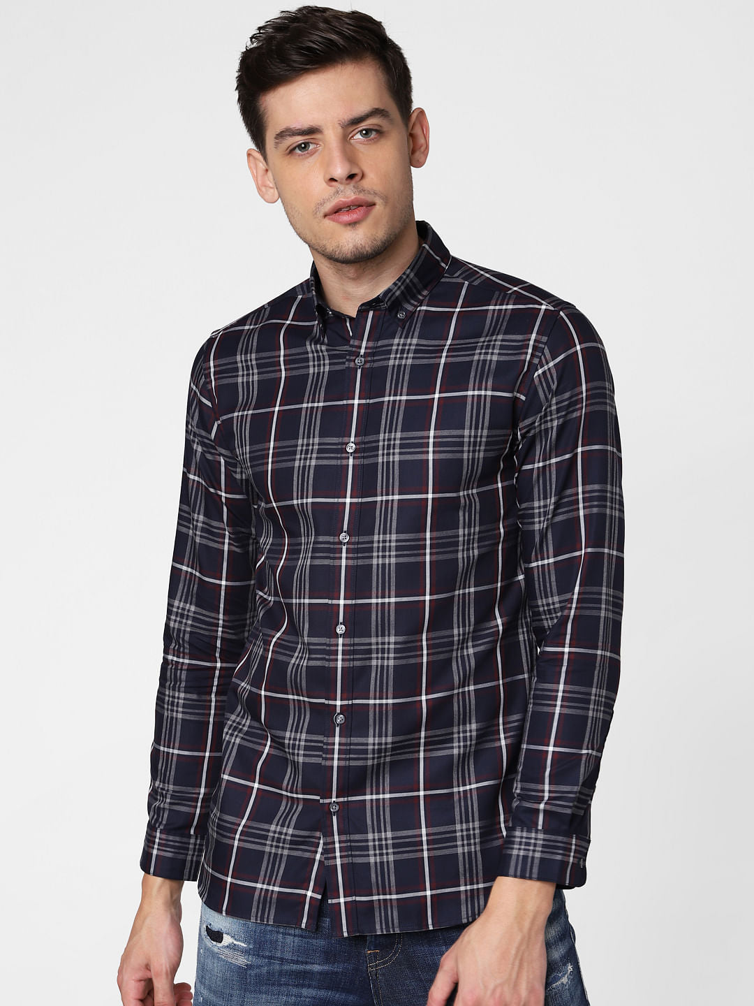 Navy Blue Check Full Sleeves Shirt