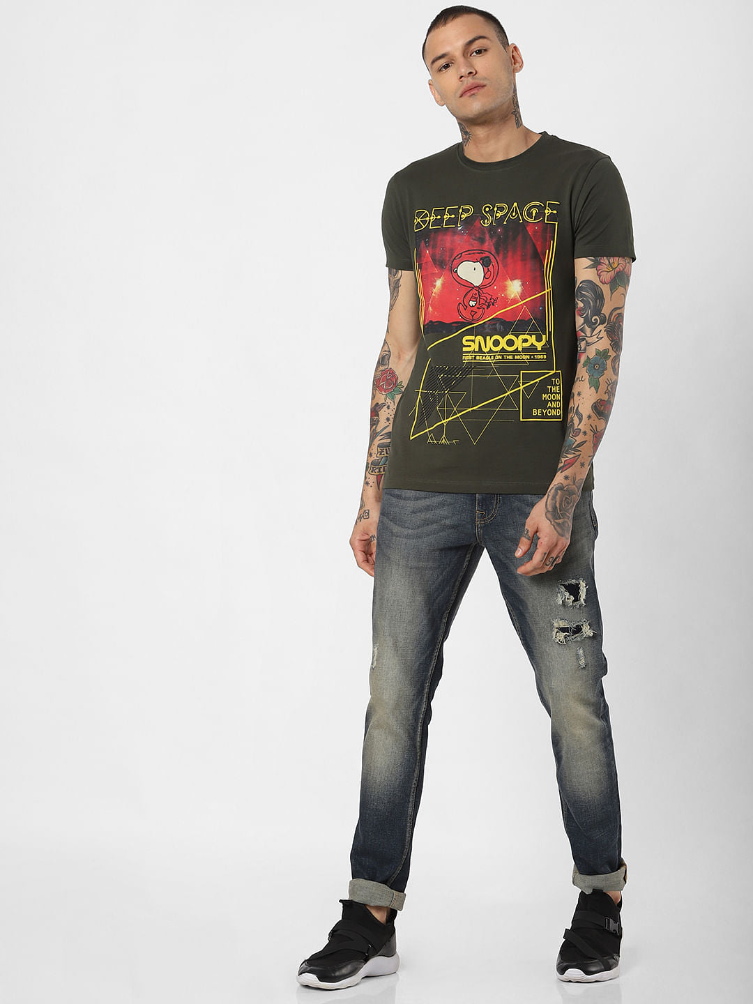 X Snoopy Dark Green Snoopy Graphic Crew Neck T-Shirt - S