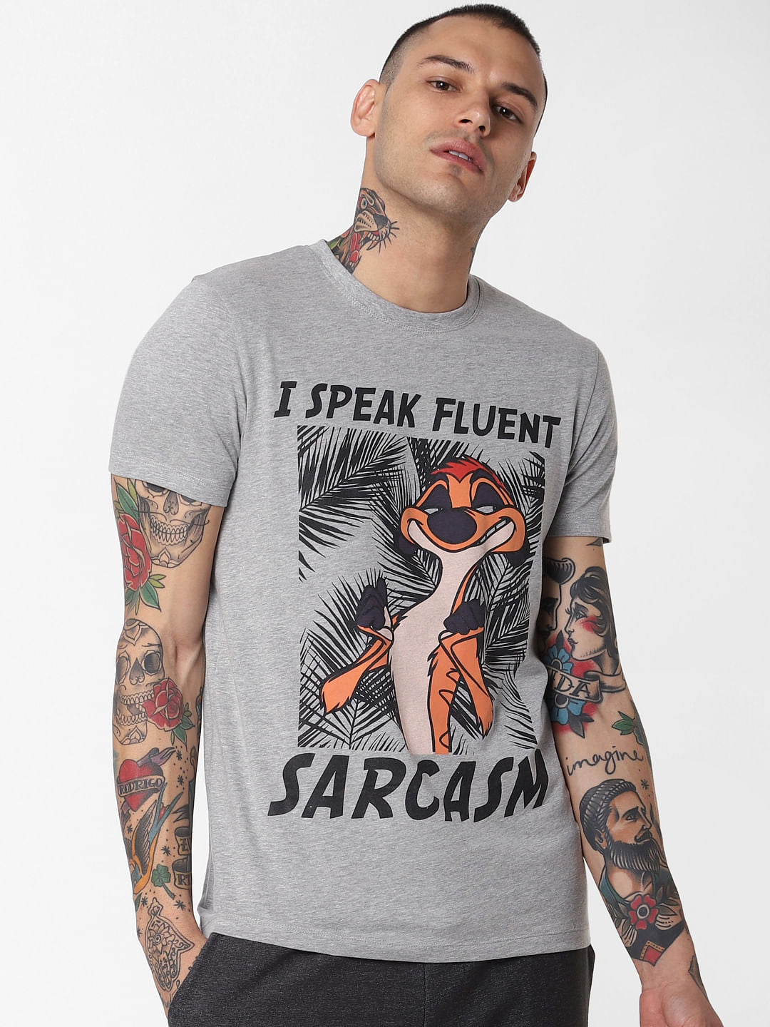 X Lion King Grey Timon Print Crew Neck T-Shirt - S