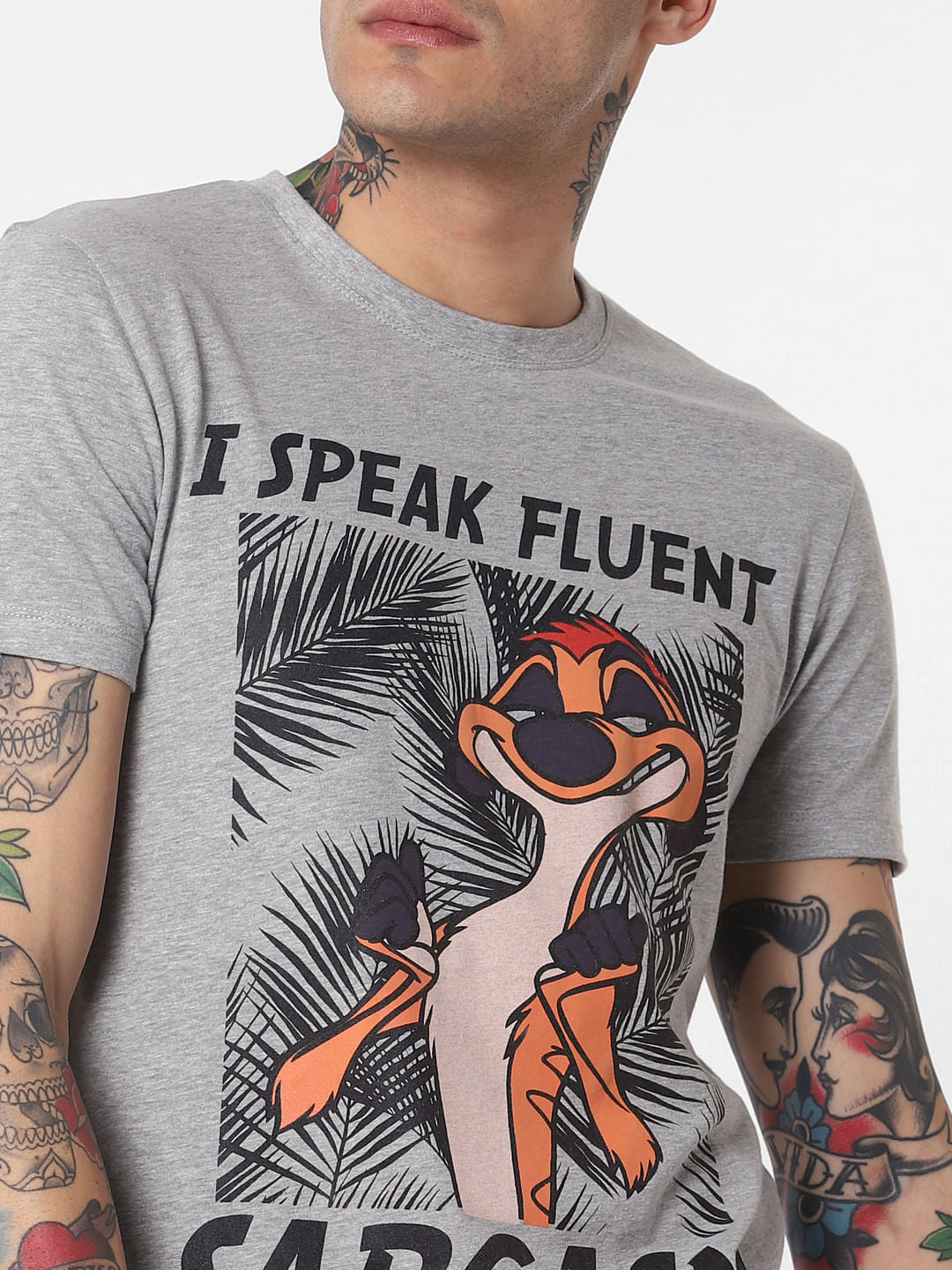 X Lion King Grey Timon Print Crew Neck T-Shirt