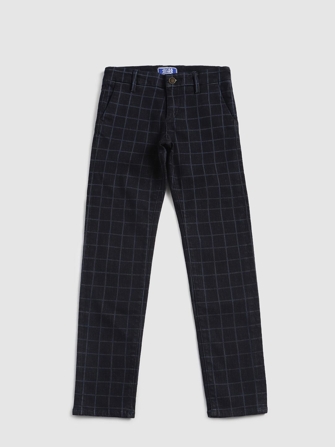 Boys Dark Blue Check Tim Slim Fit Jeans