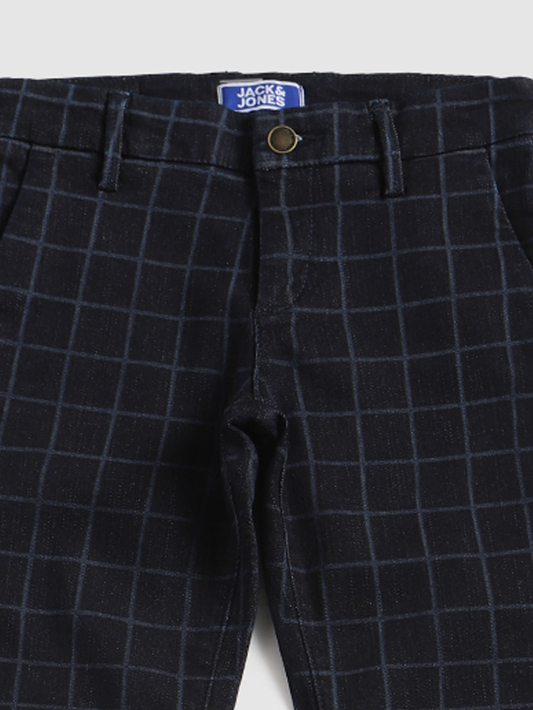 Boys Dark Blue Check Tim Slim Fit Jeans