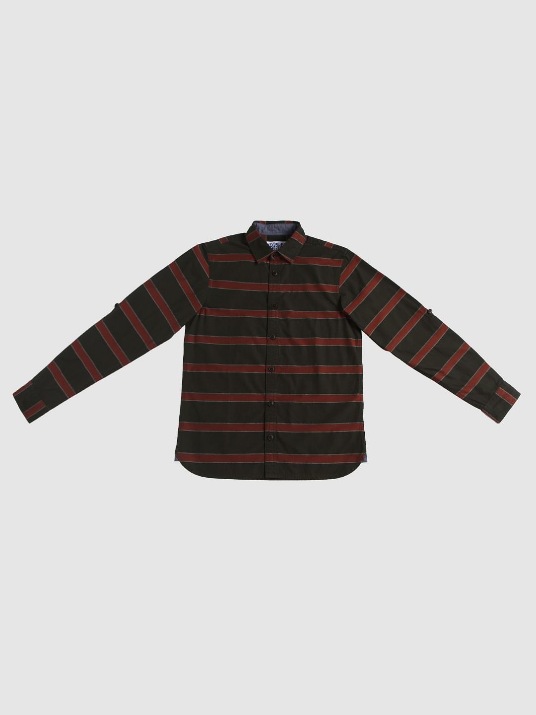 Boys Dark Green Striped Full Sleeves Shirt - 128/8Y