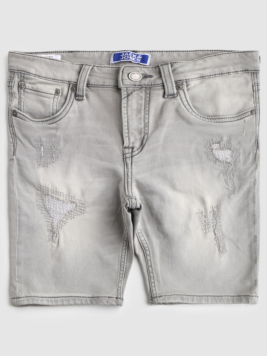 Boys Grey Mid Rise Distressed Denim Shorts - 128/8Y