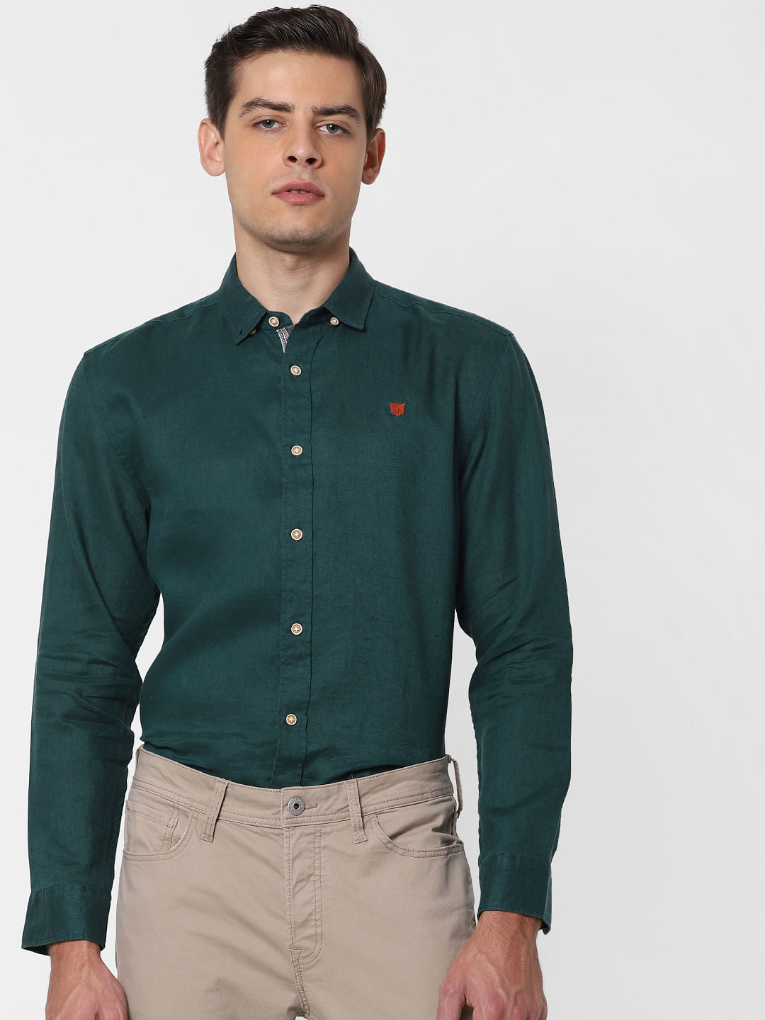 Dark Green Linen Full Sleeves Shirt