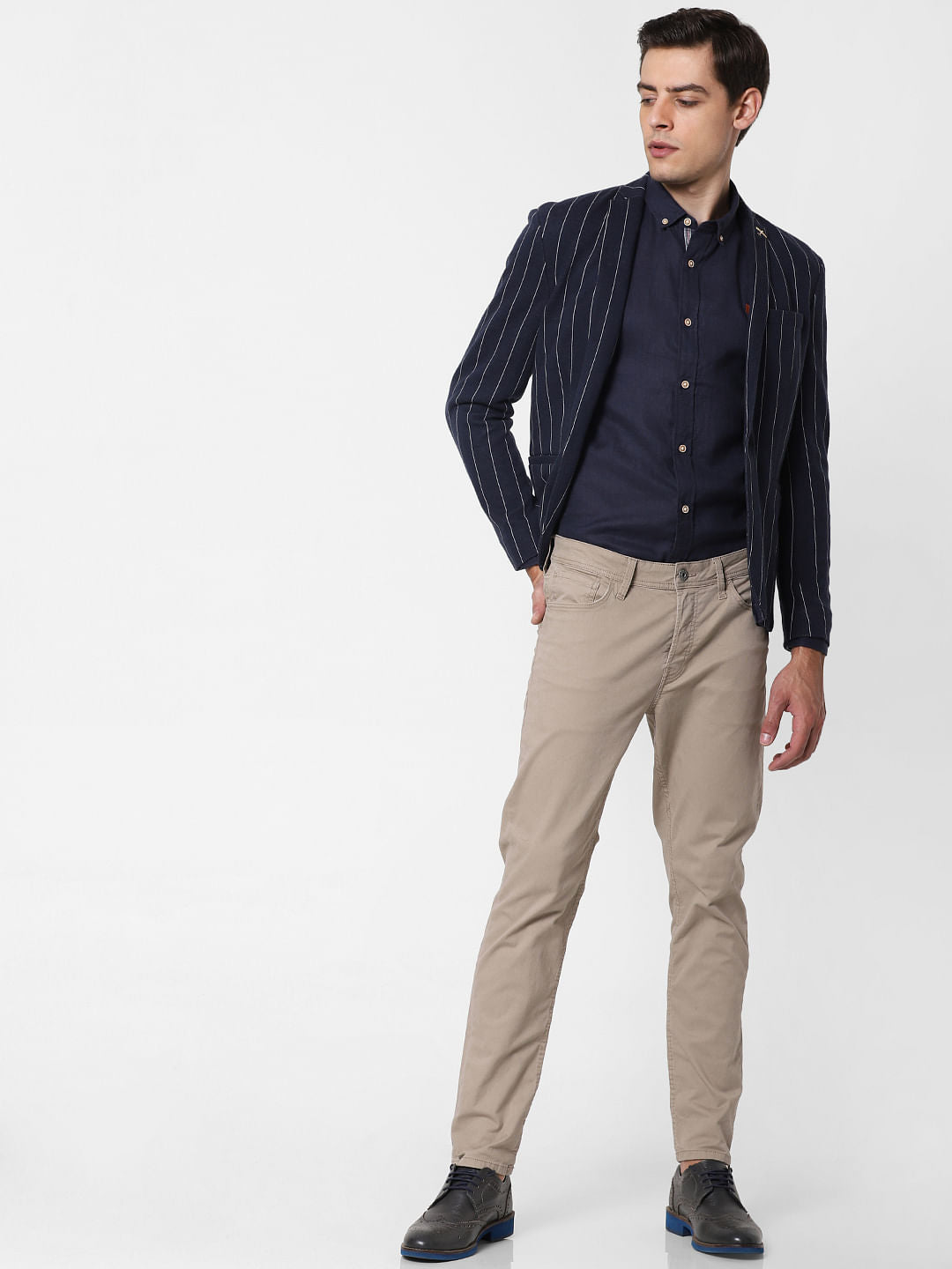 Navy Blue Linen Full Sleeves Shirt - XS
