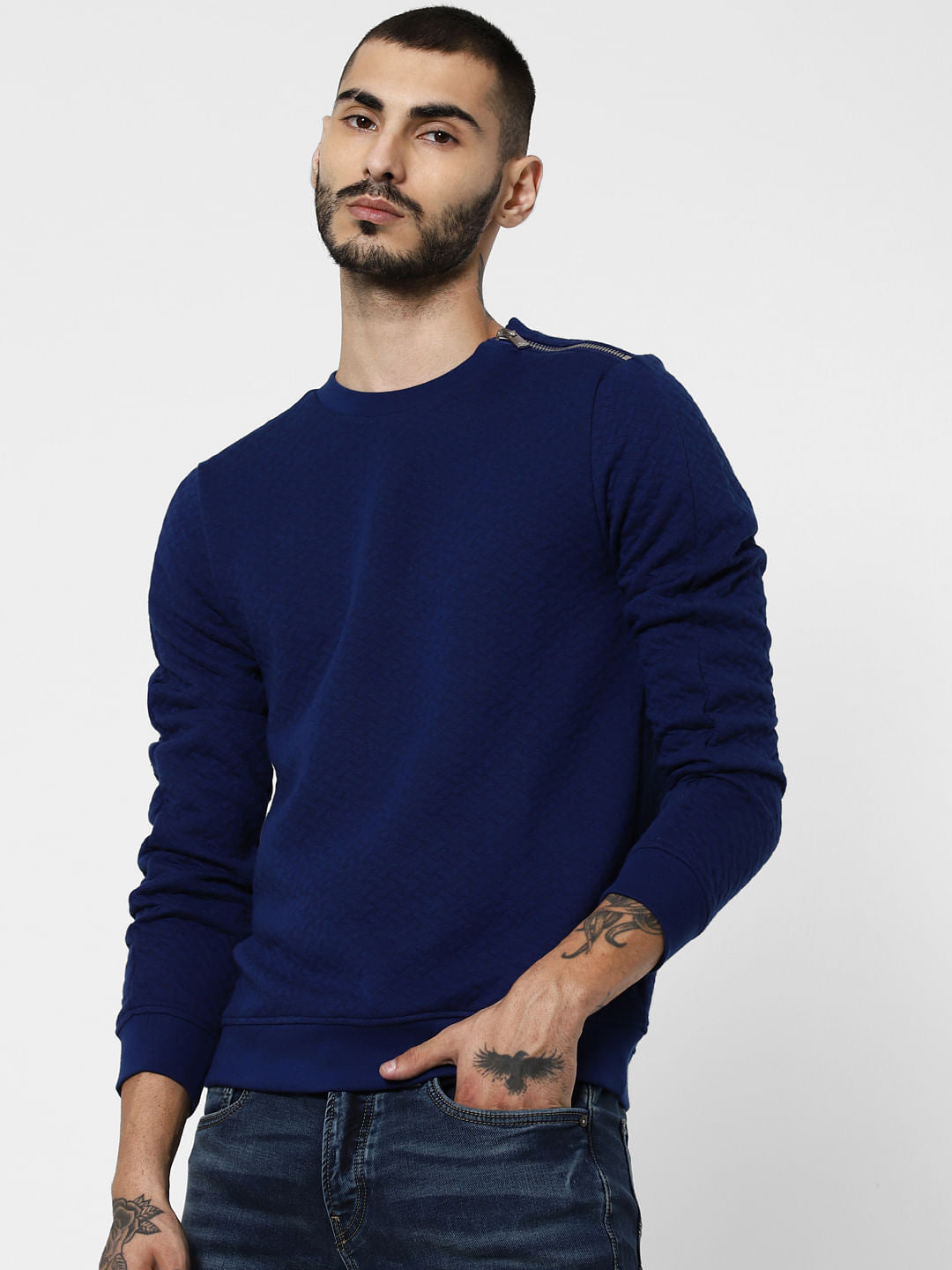 Blue Textured Zip Detail Sweatshirt