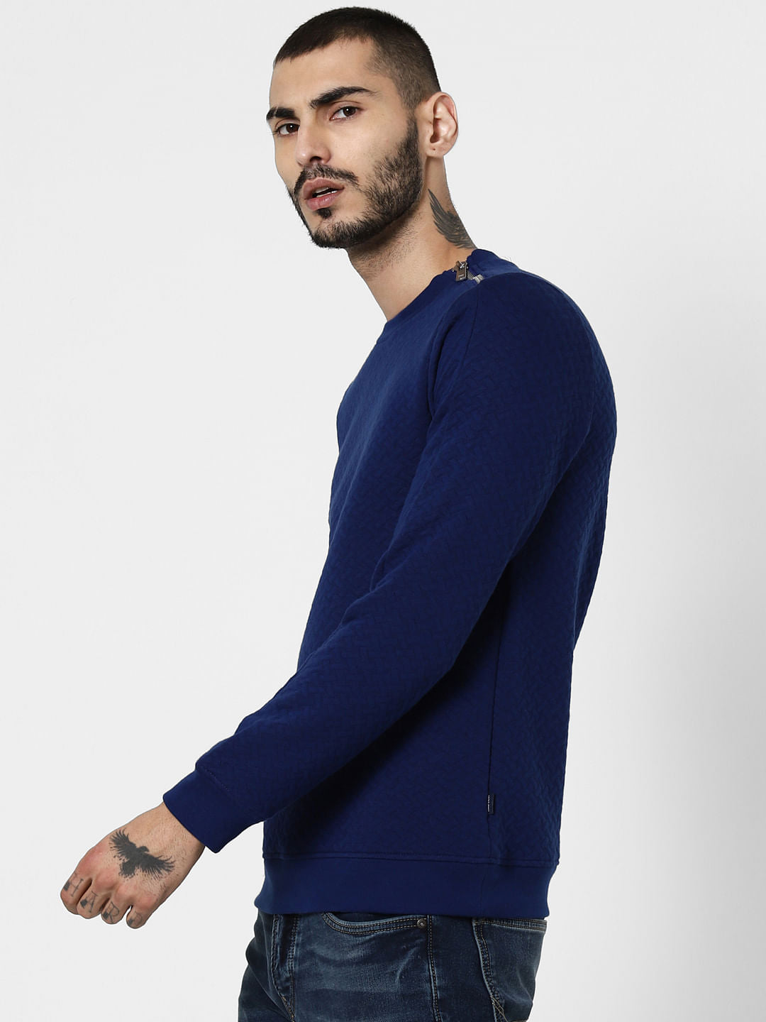 Blue Textured Zip Detail Sweatshirt