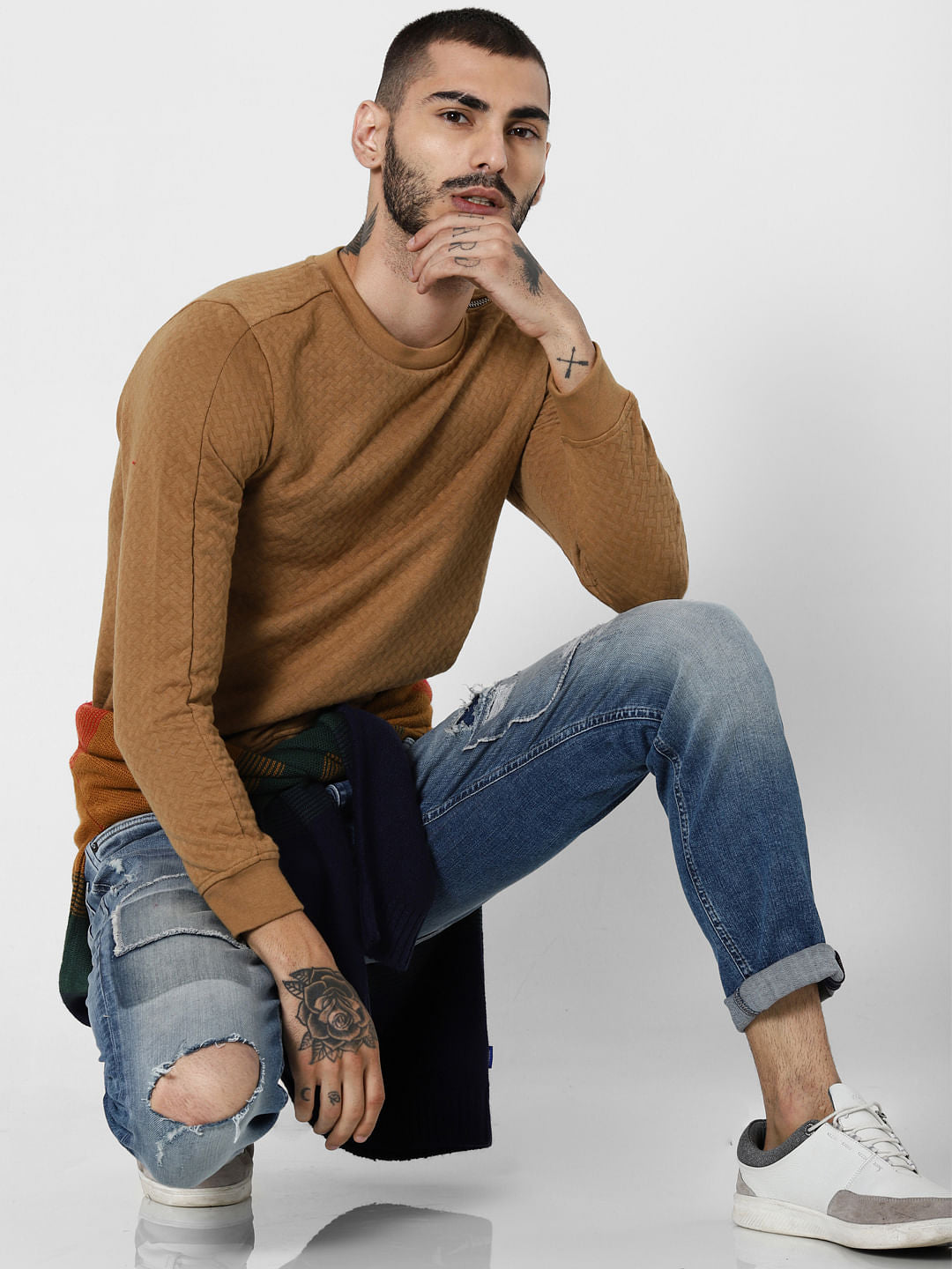 Brown Textured Zip Detail Sweatshirt