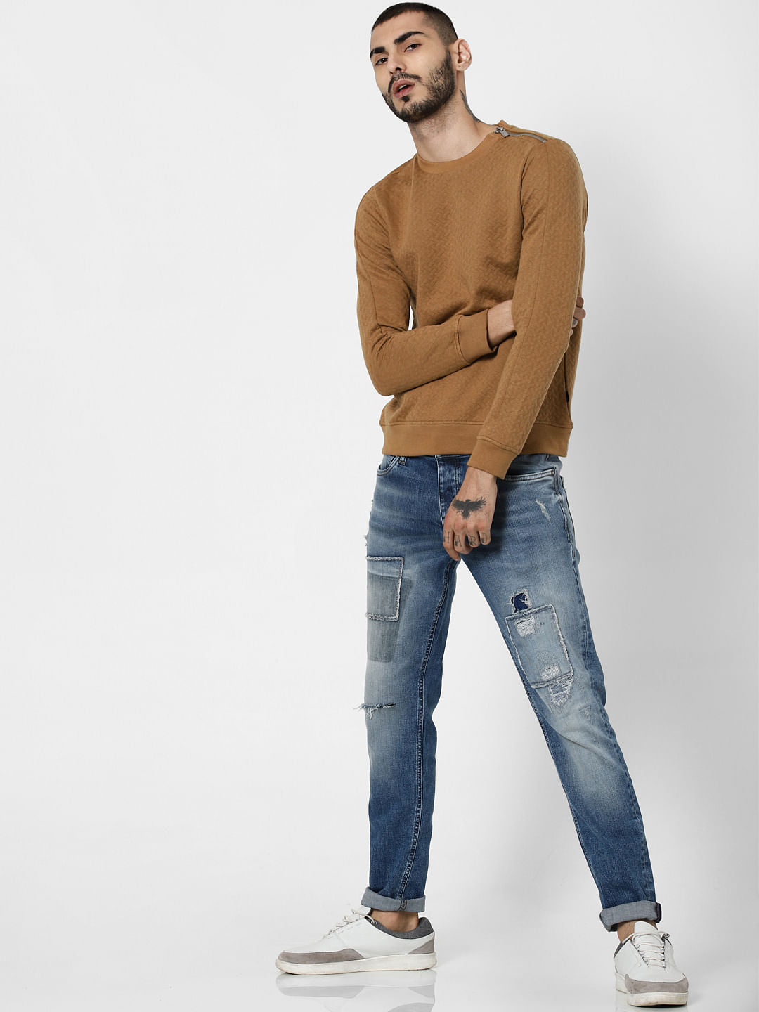 Brown Textured Zip Detail Sweatshirt