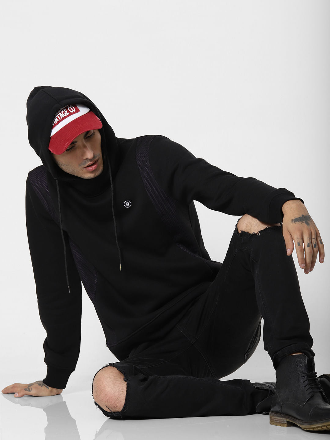 Black Mesh Detail Hooded Sweatshirt - S
