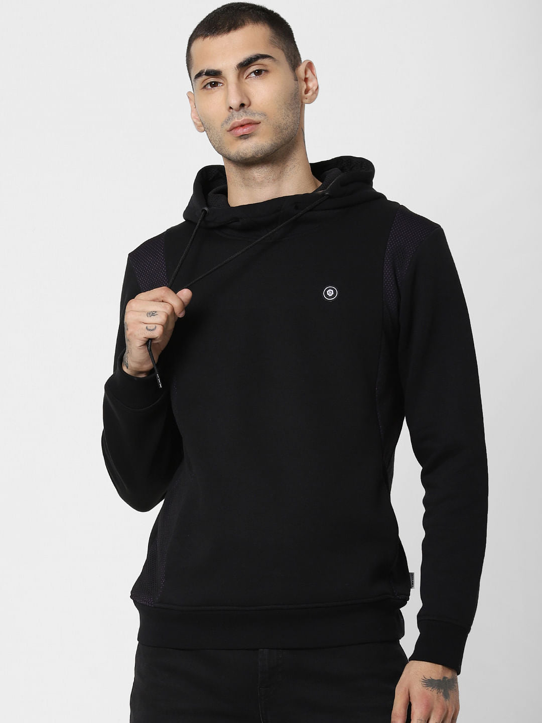 Black Mesh Detail Hooded Sweatshirt