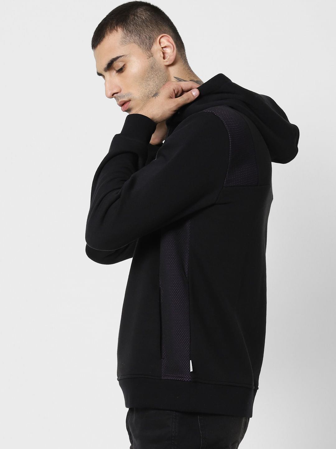Black Mesh Detail Hooded Sweatshirt