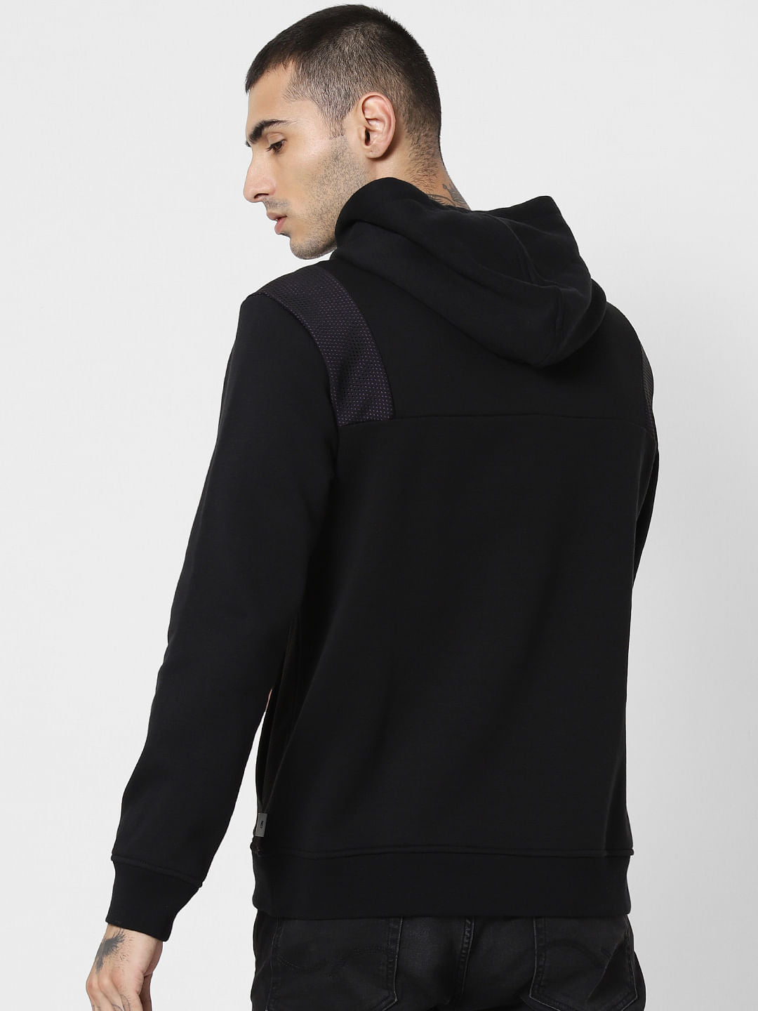Black Mesh Detail Hooded Sweatshirt