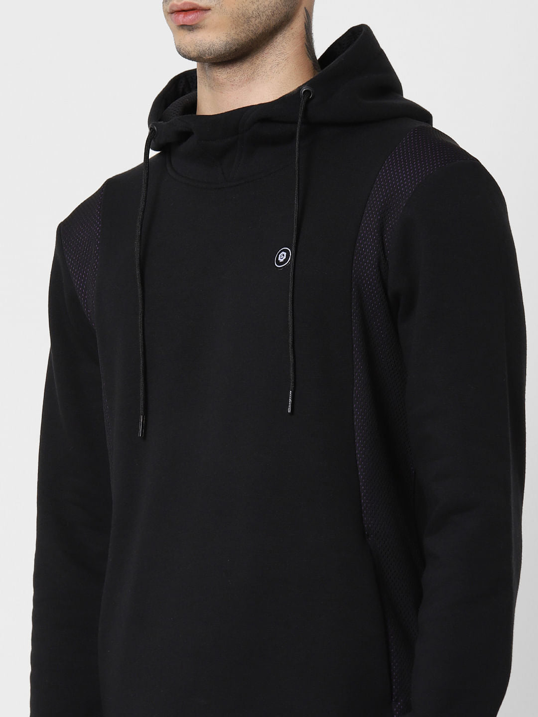 Black Mesh Detail Hooded Sweatshirt