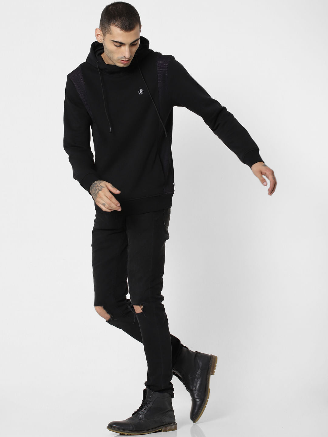 Black Mesh Detail Hooded Sweatshirt