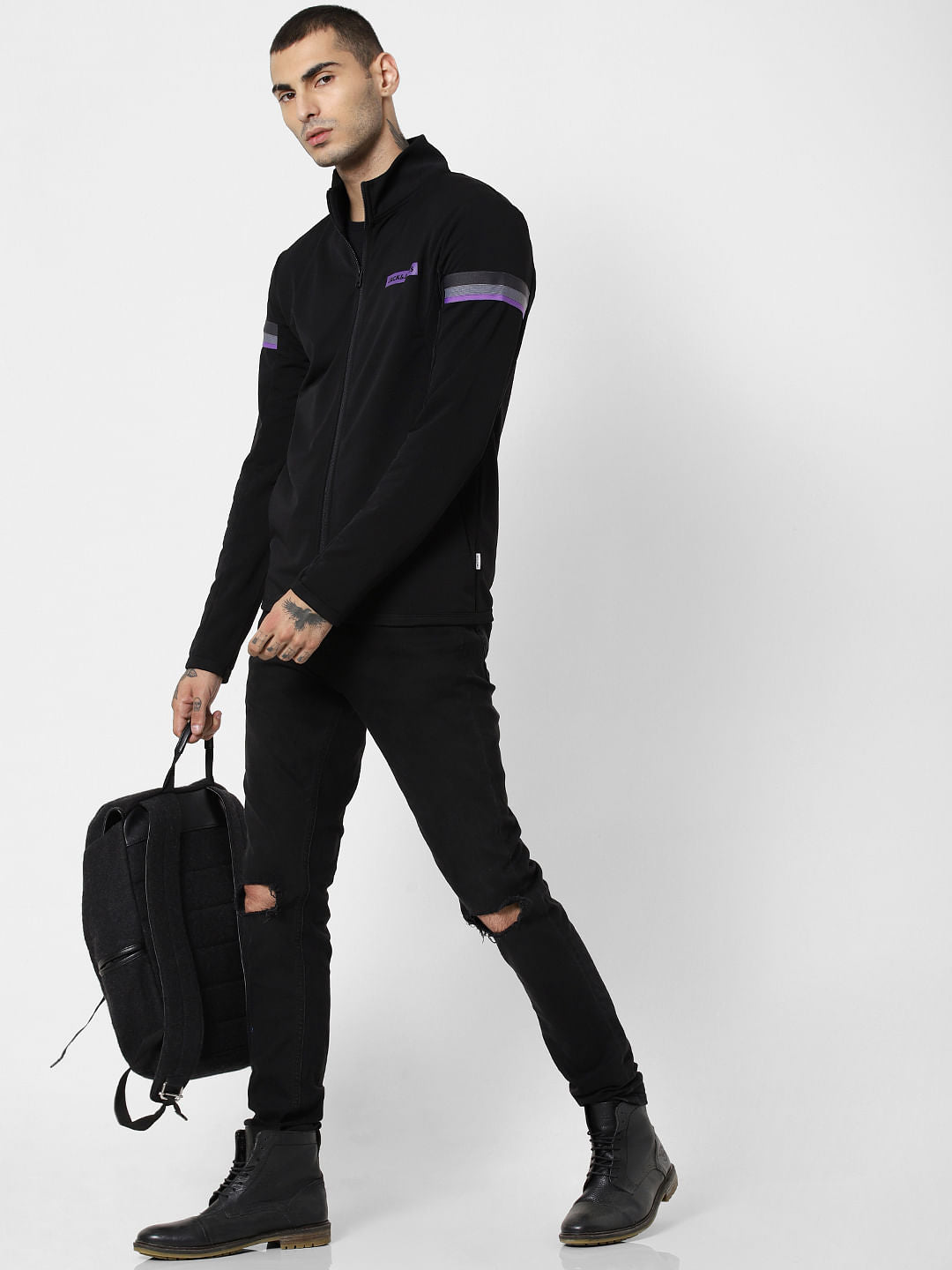 Black Tape Detail Zip Up Sweatshirt - S