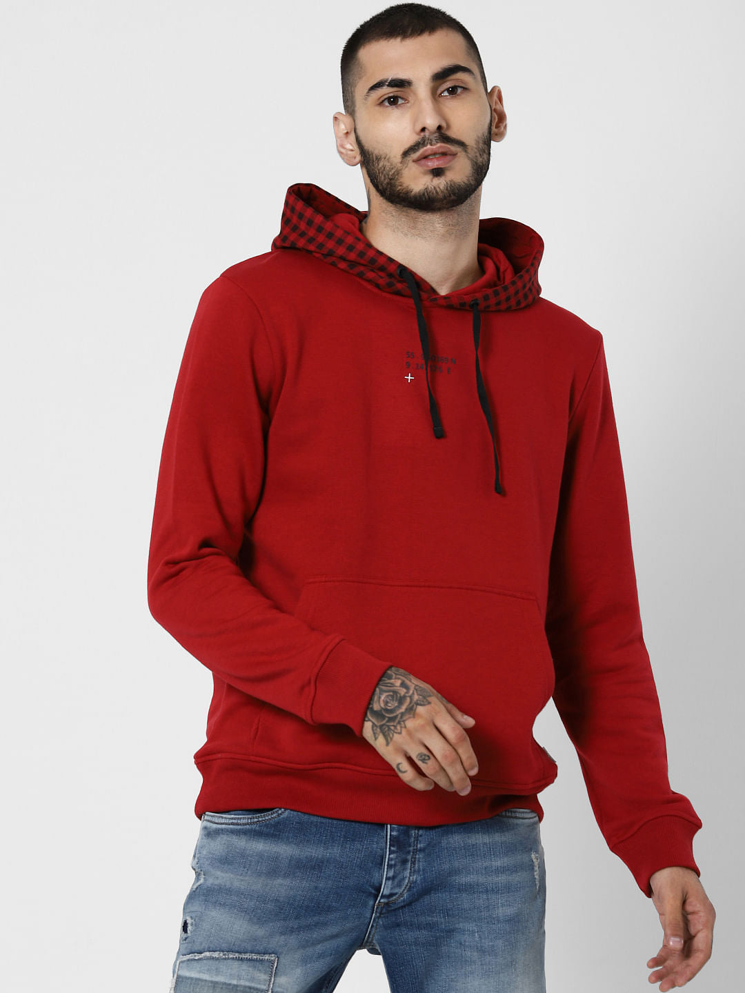 Red Check Hooded Sweatshirt - S