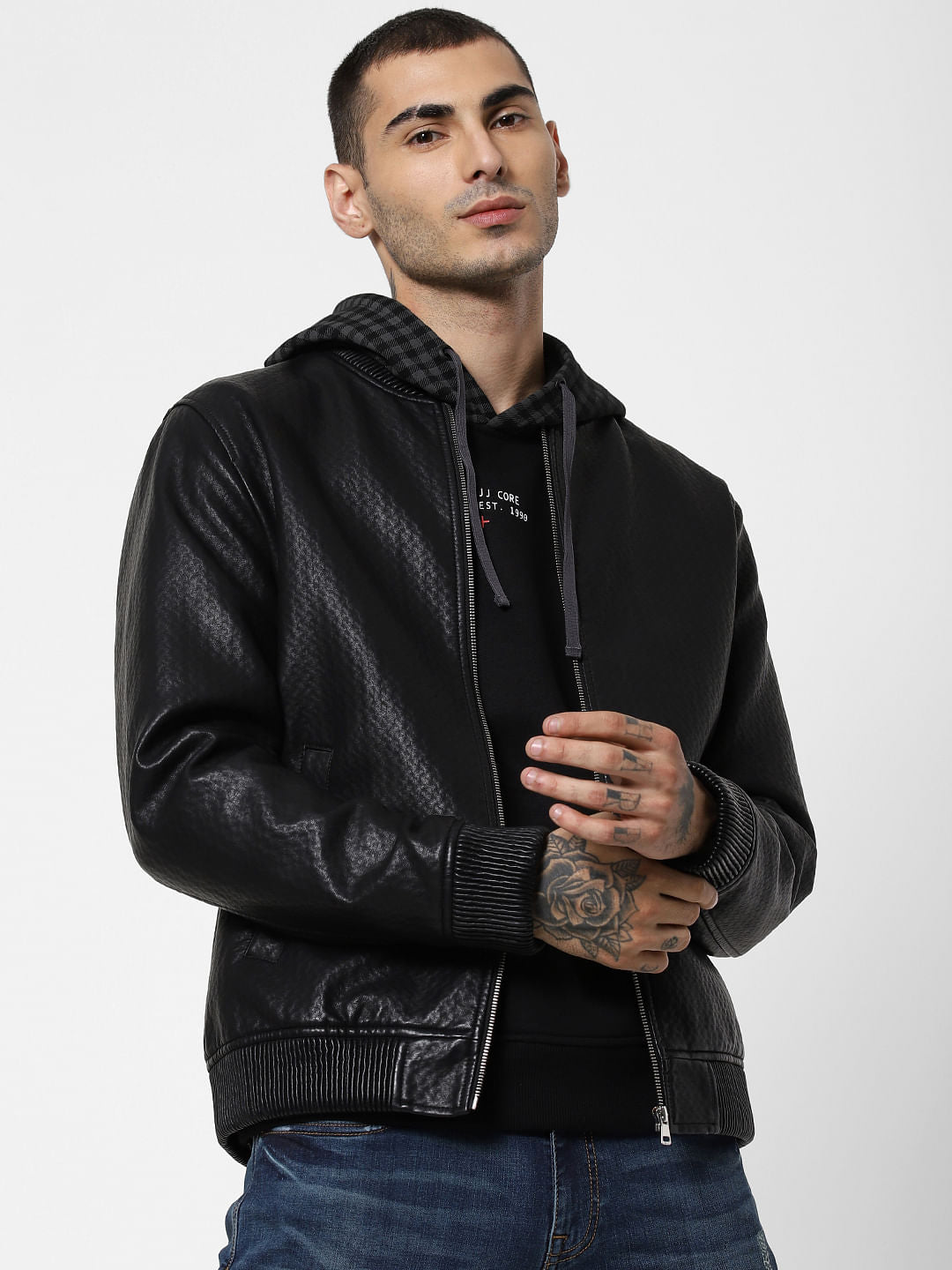 Black Check Hooded Sweatshirt - S