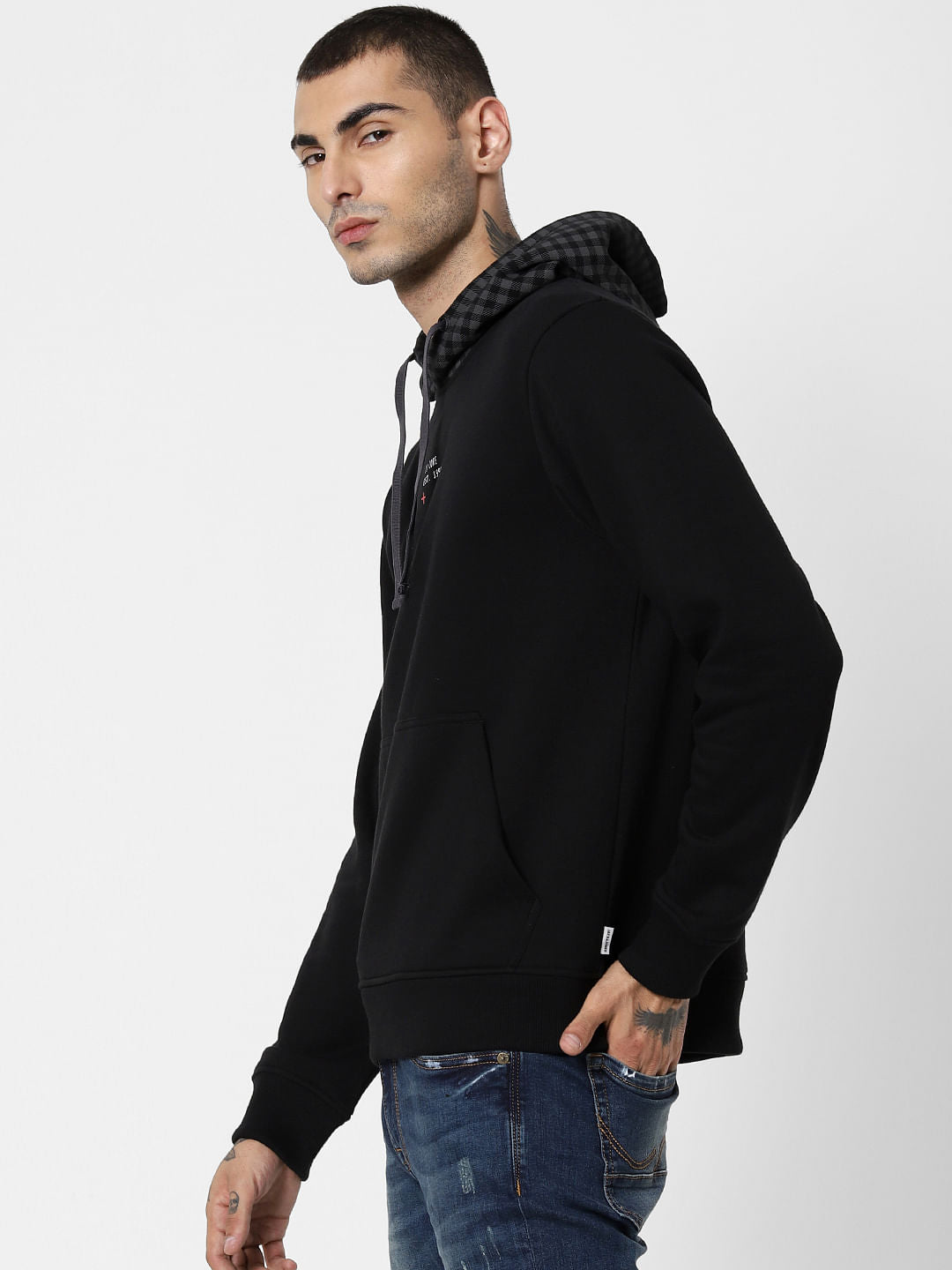 Black Check Hooded Sweatshirt
