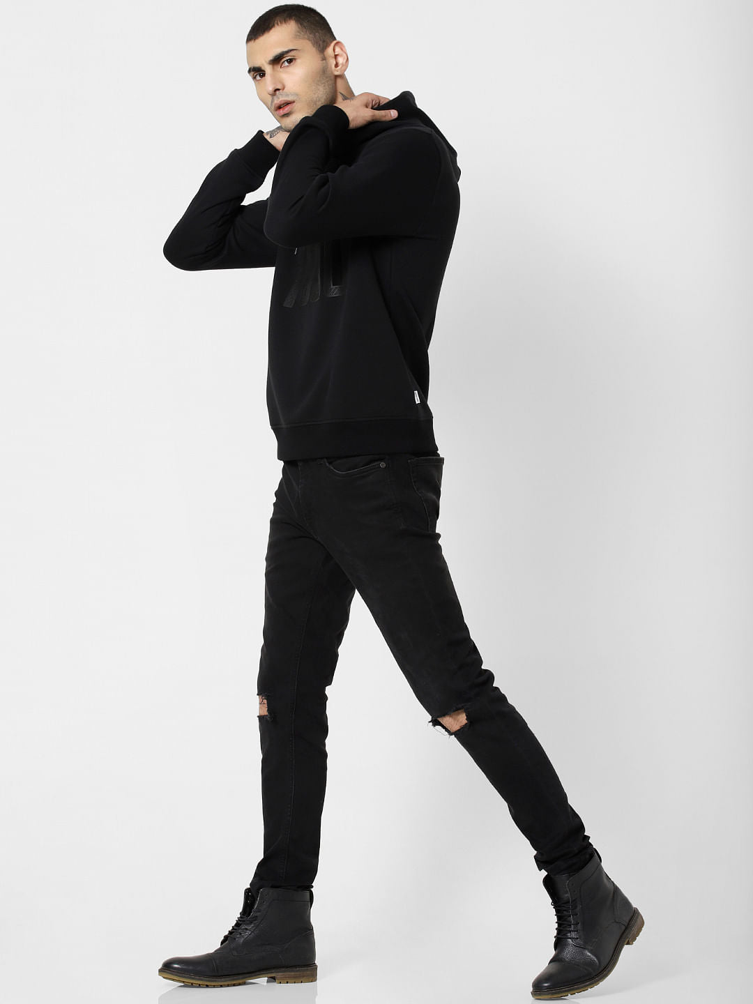 Black Logo Print Hooded Sweatshirt