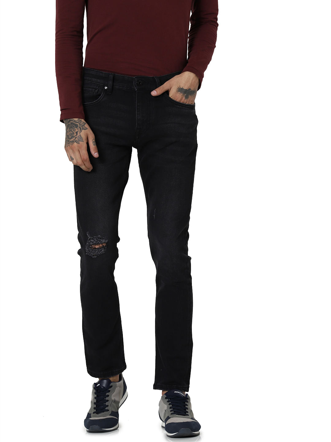 Black Mid Rise Tim Distressed Anti Fit Jeans - 28/30