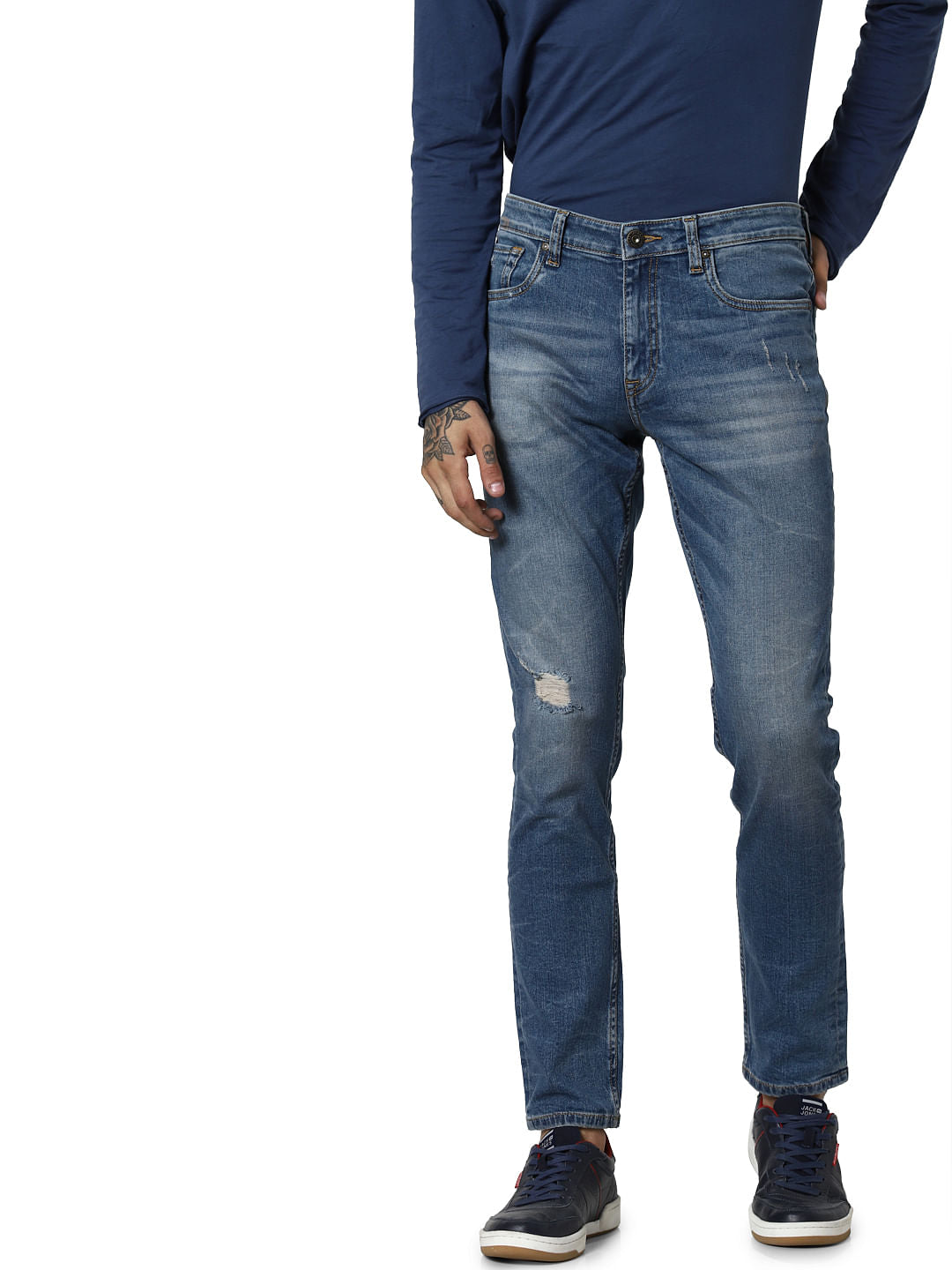 Light Blue Mid Rise Glenn Distressed Slim Fit Jeans - 28/30