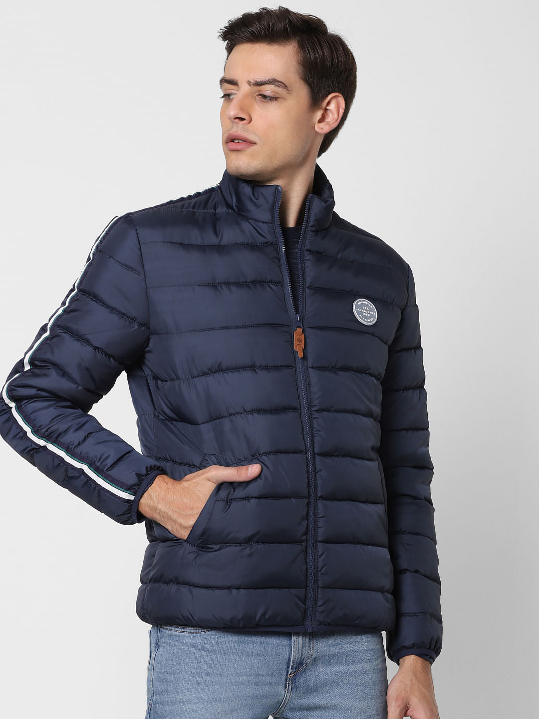 Navy Blue Tape Detail Puffer Jacket