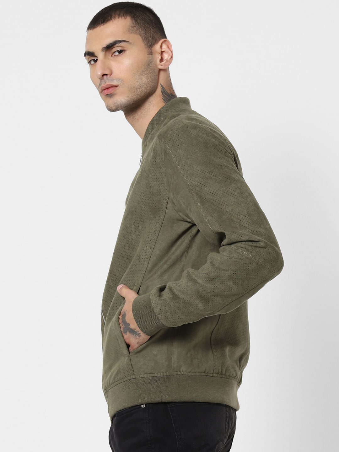 Green Perforated Suede Bomber Jacket