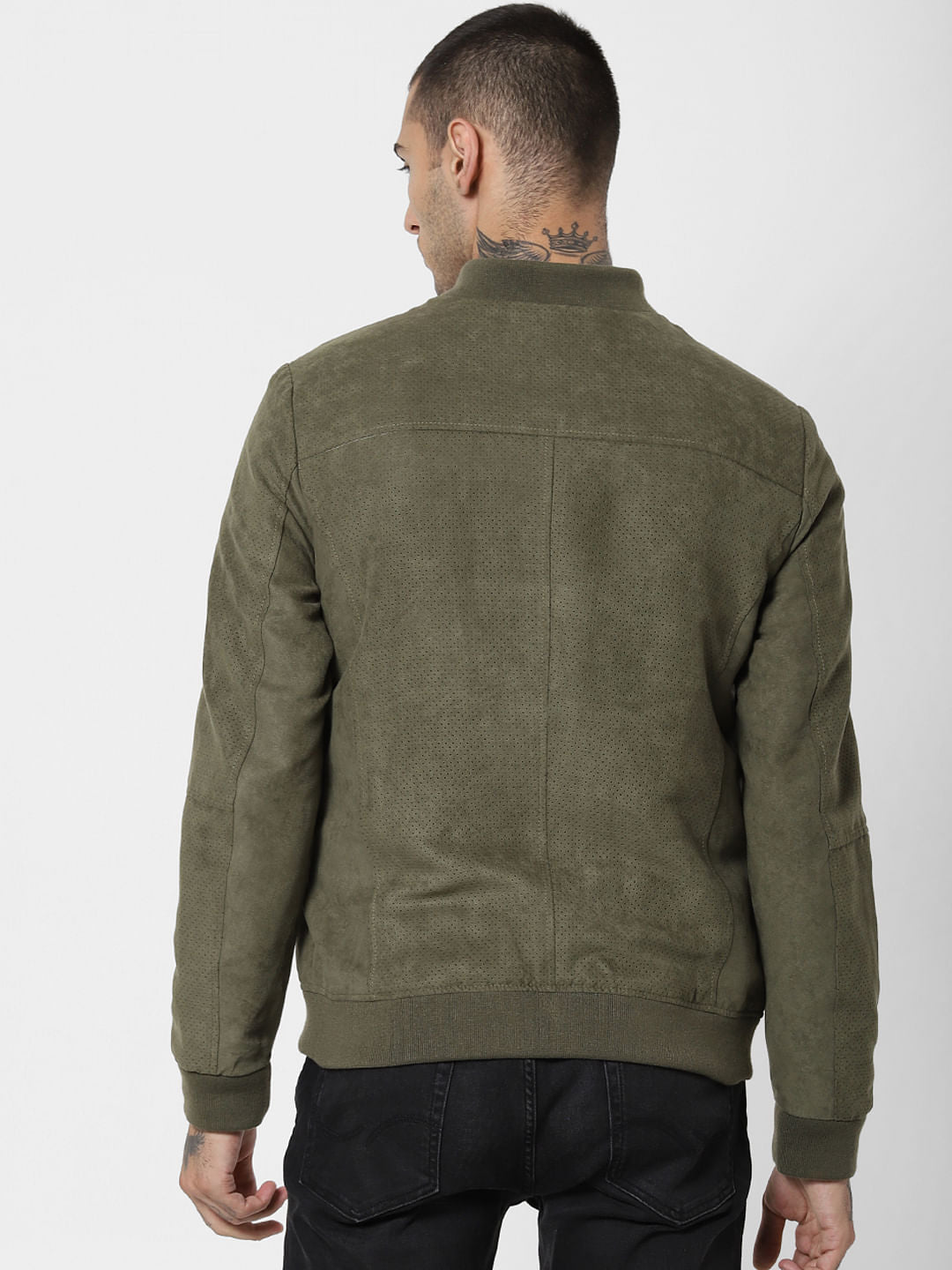 Green Perforated Suede Bomber Jacket