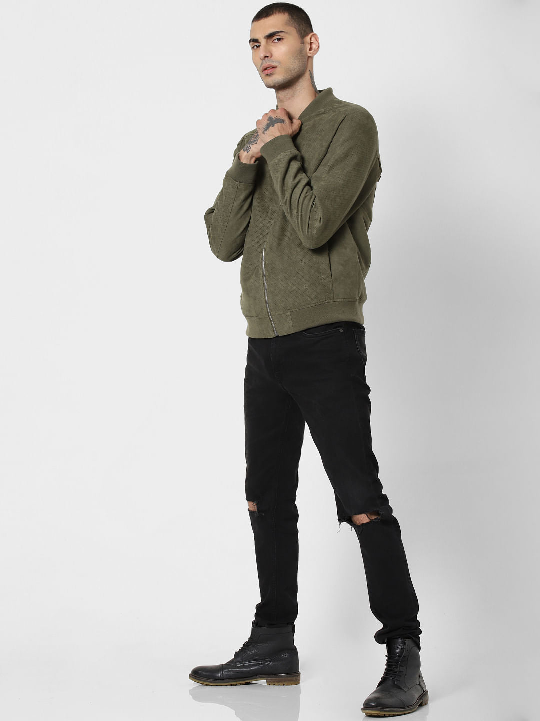 Green Perforated Suede Bomber Jacket