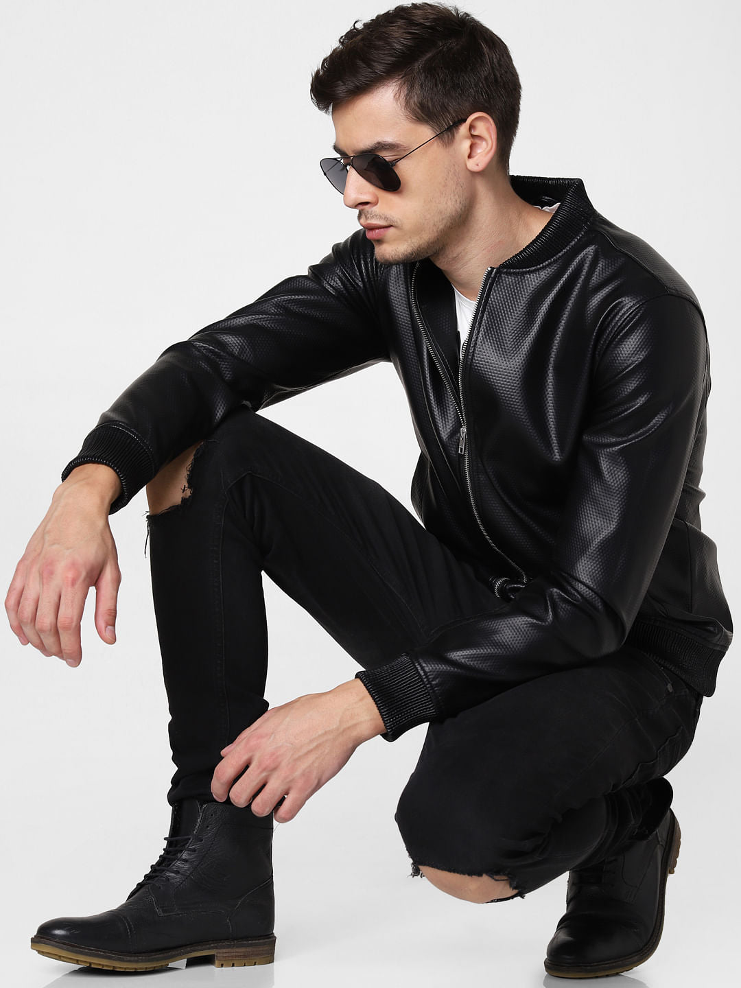 Black Embossed Pu Bomber Jacket - S