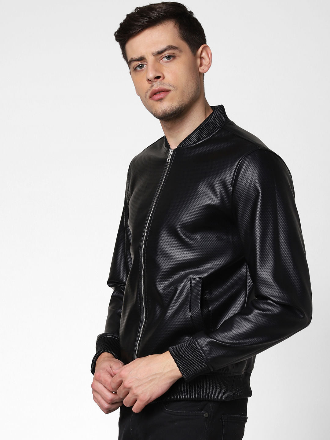 Black Embossed Pu Bomber Jacket