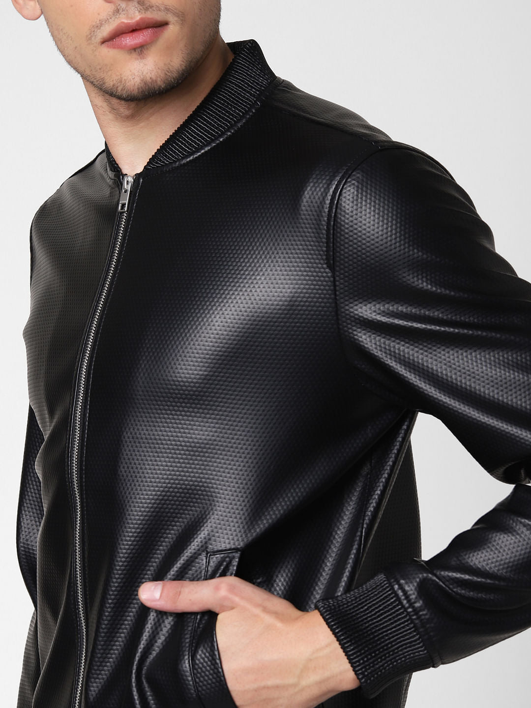 Black Embossed Pu Bomber Jacket