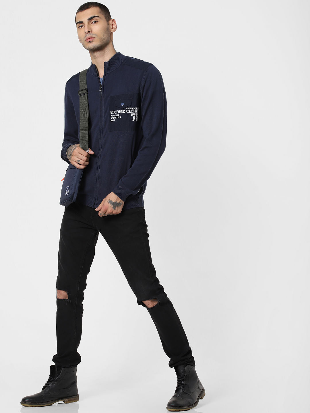 Navy Blue High Neck Zip Up Cardigan - S