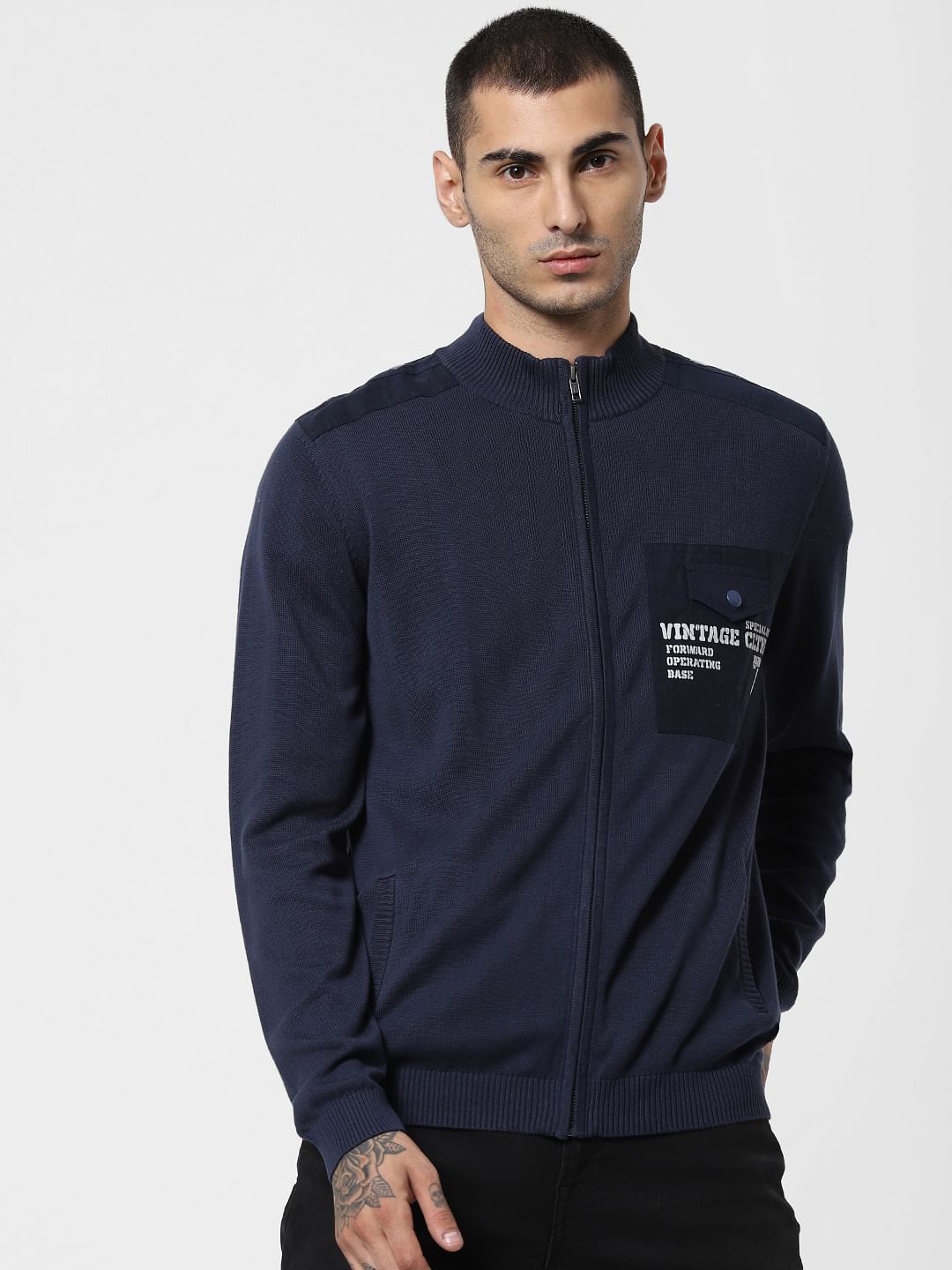 Navy Blue High Neck Zip Up Cardigan
