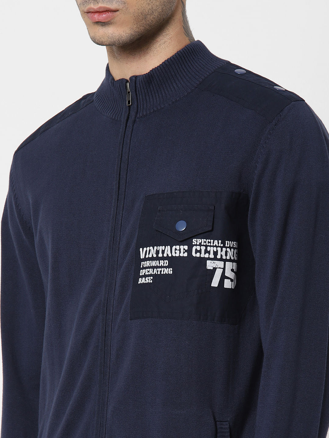 Navy Blue High Neck Zip Up Cardigan
