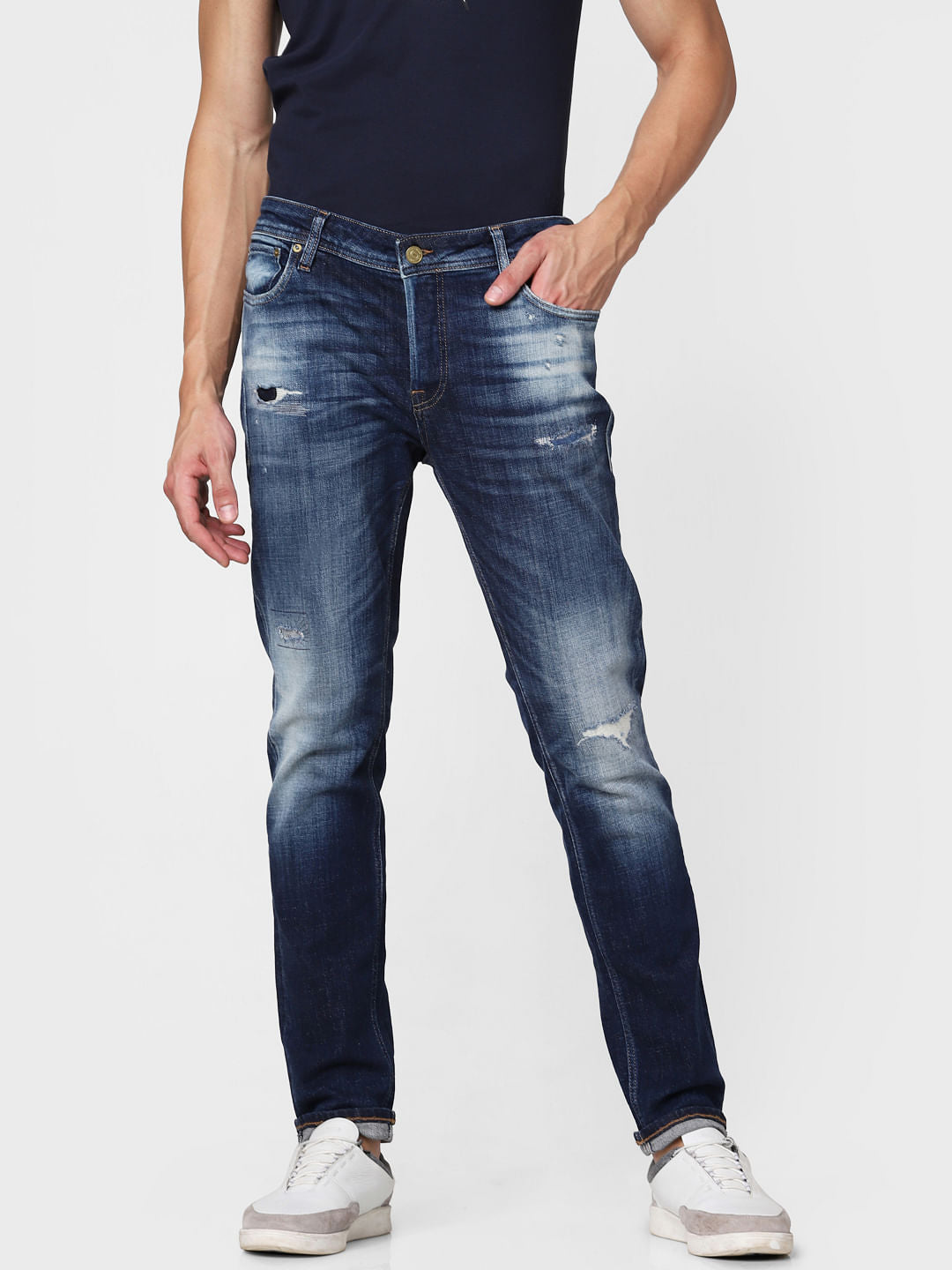 Dark Blue Distressed Ben Skinny Fit Jeans