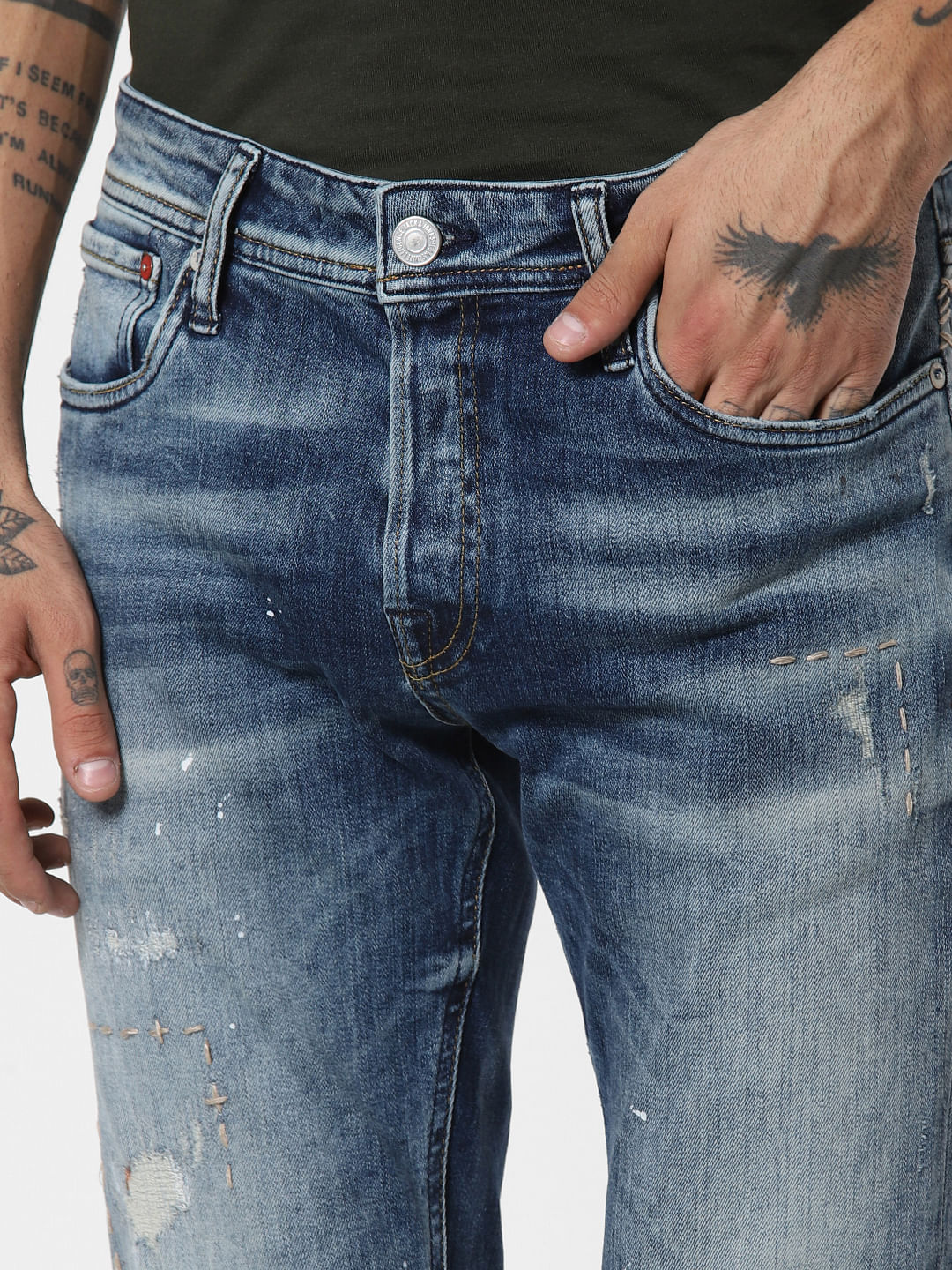 Blue Low Rise Distressed Ben Skinny Fit Jeans