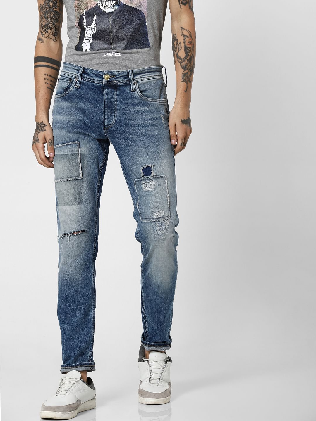 Blue Low Rise Patch Work Tim Anti Jeans