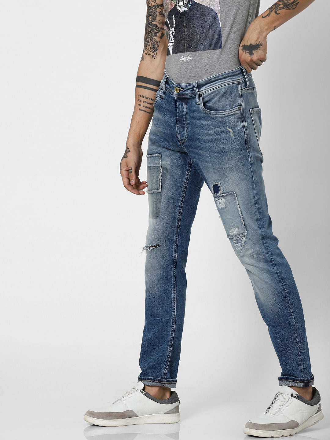 Blue Low Rise Patch Work Tim Anti Jeans