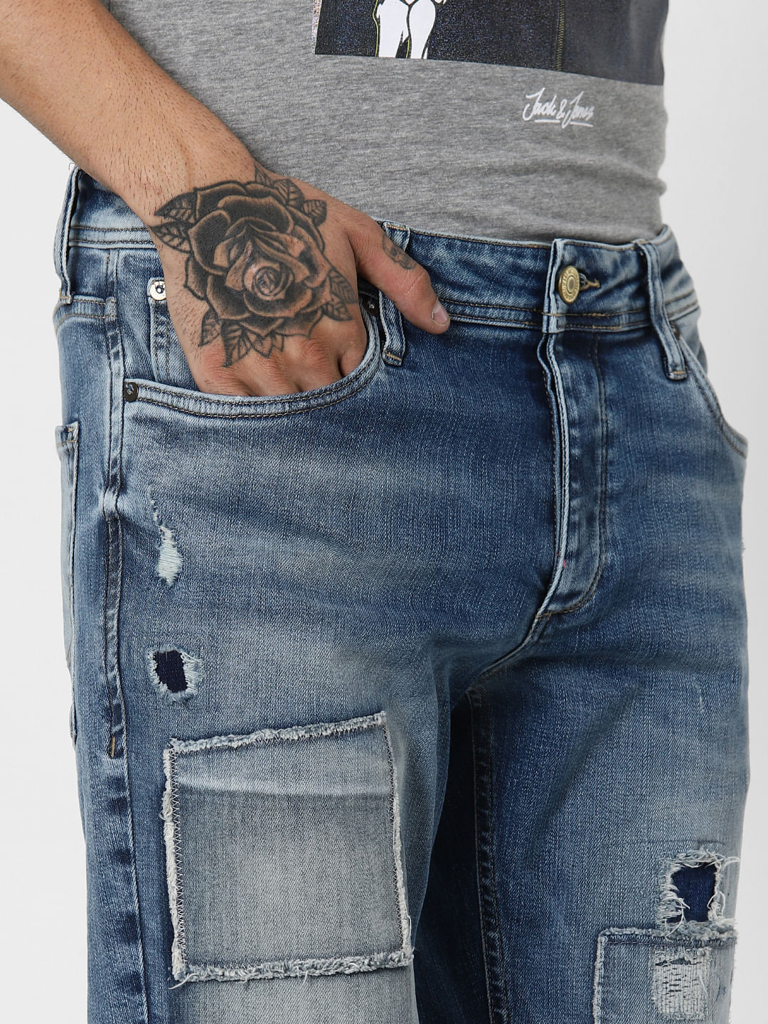 Blue Low Rise Patch Work Tim Anti Jeans