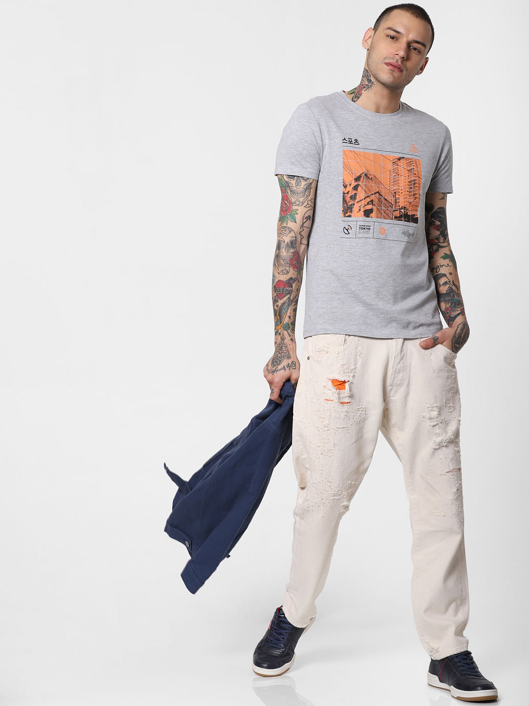 Cream Mid Rise Ripped Frank Slim Fit Jeans - 28/30