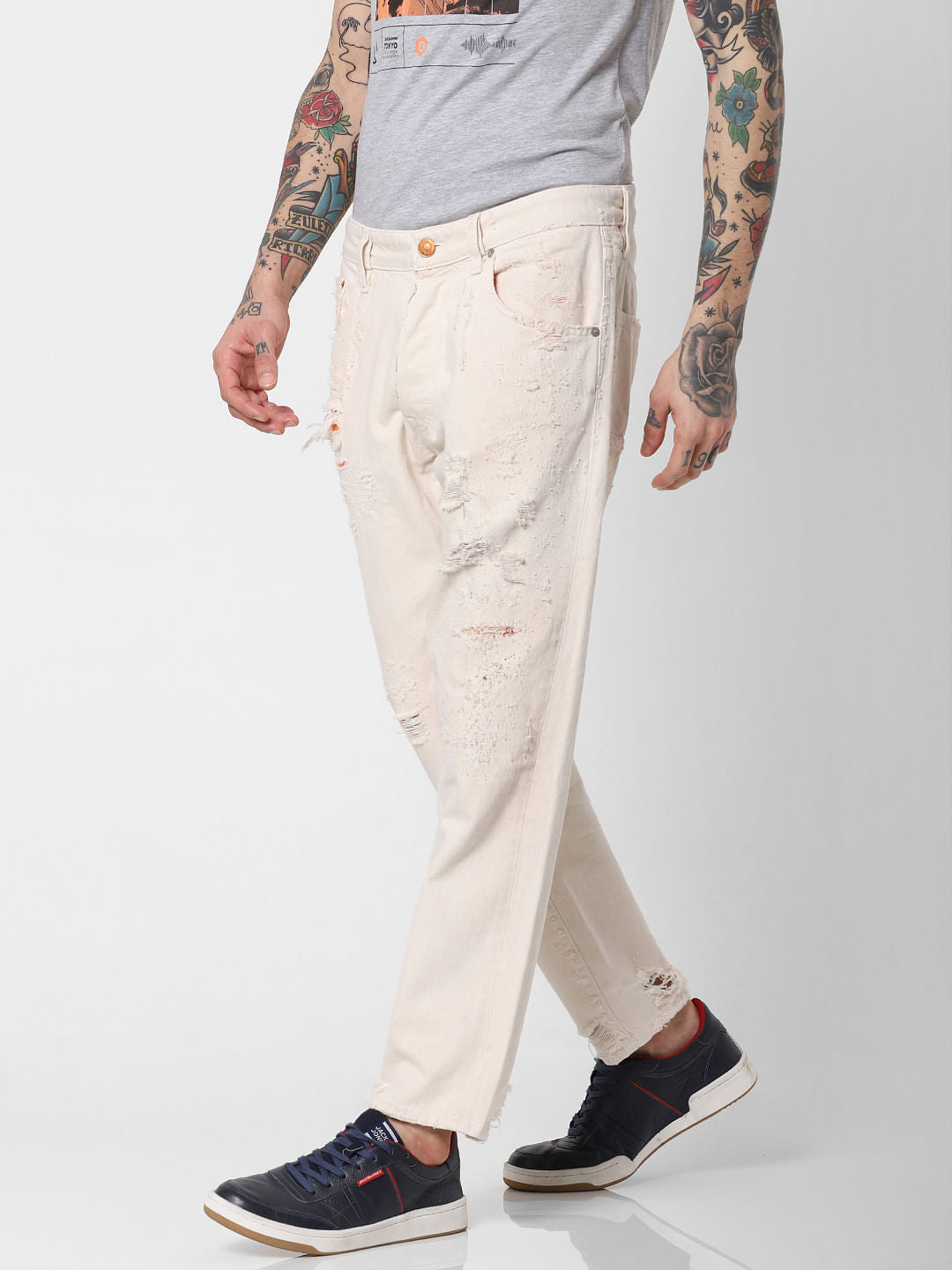Cream Mid Rise Ripped Frank Slim Fit Jeans