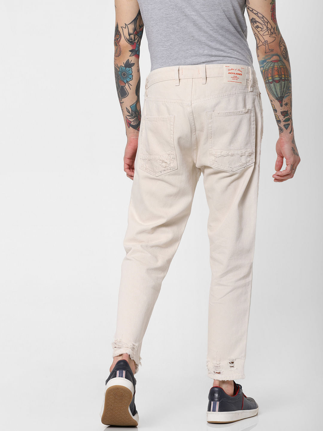 Cream Mid Rise Ripped Frank Slim Fit Jeans