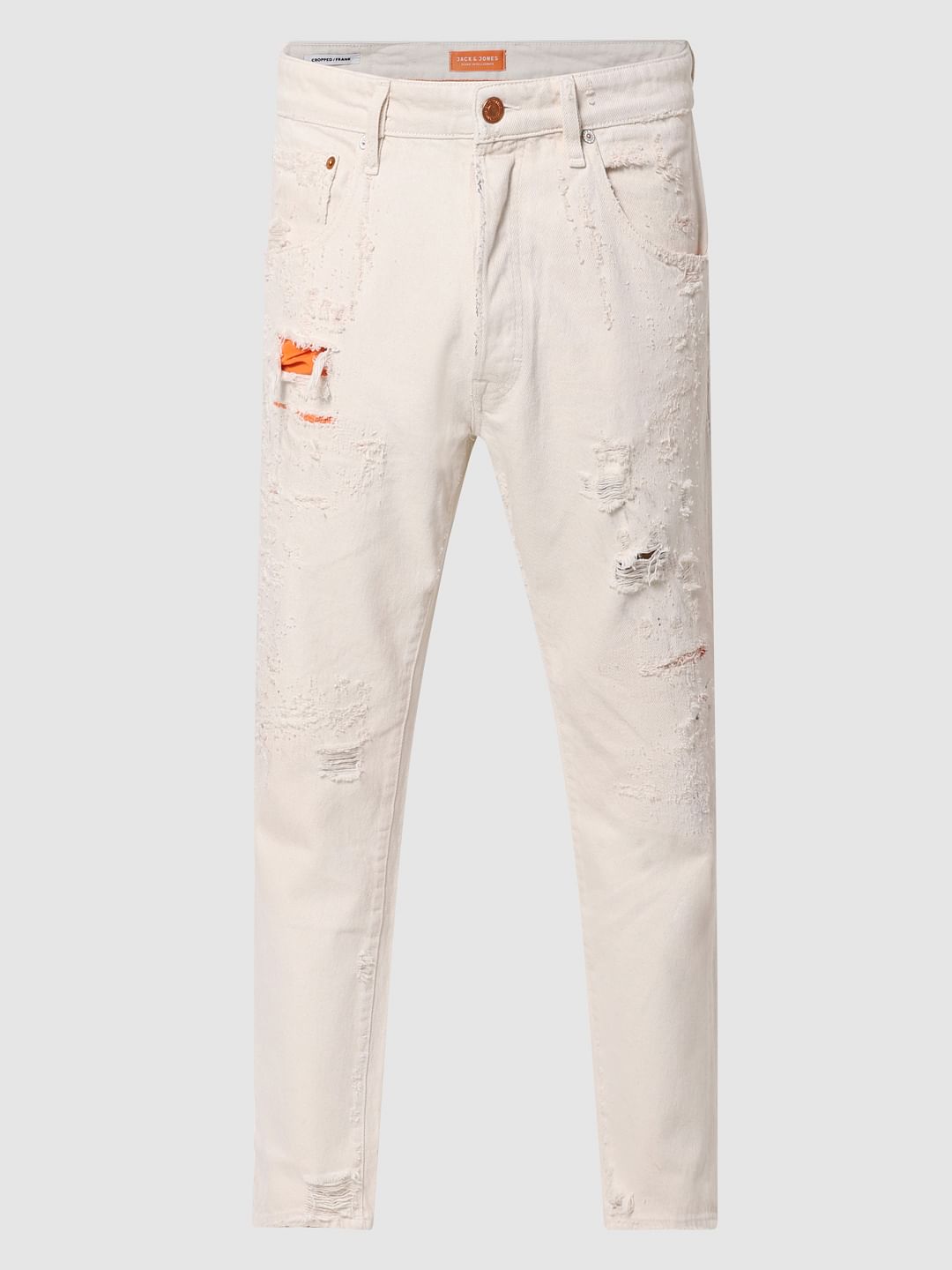 Cream Mid Rise Ripped Frank Slim Fit Jeans
