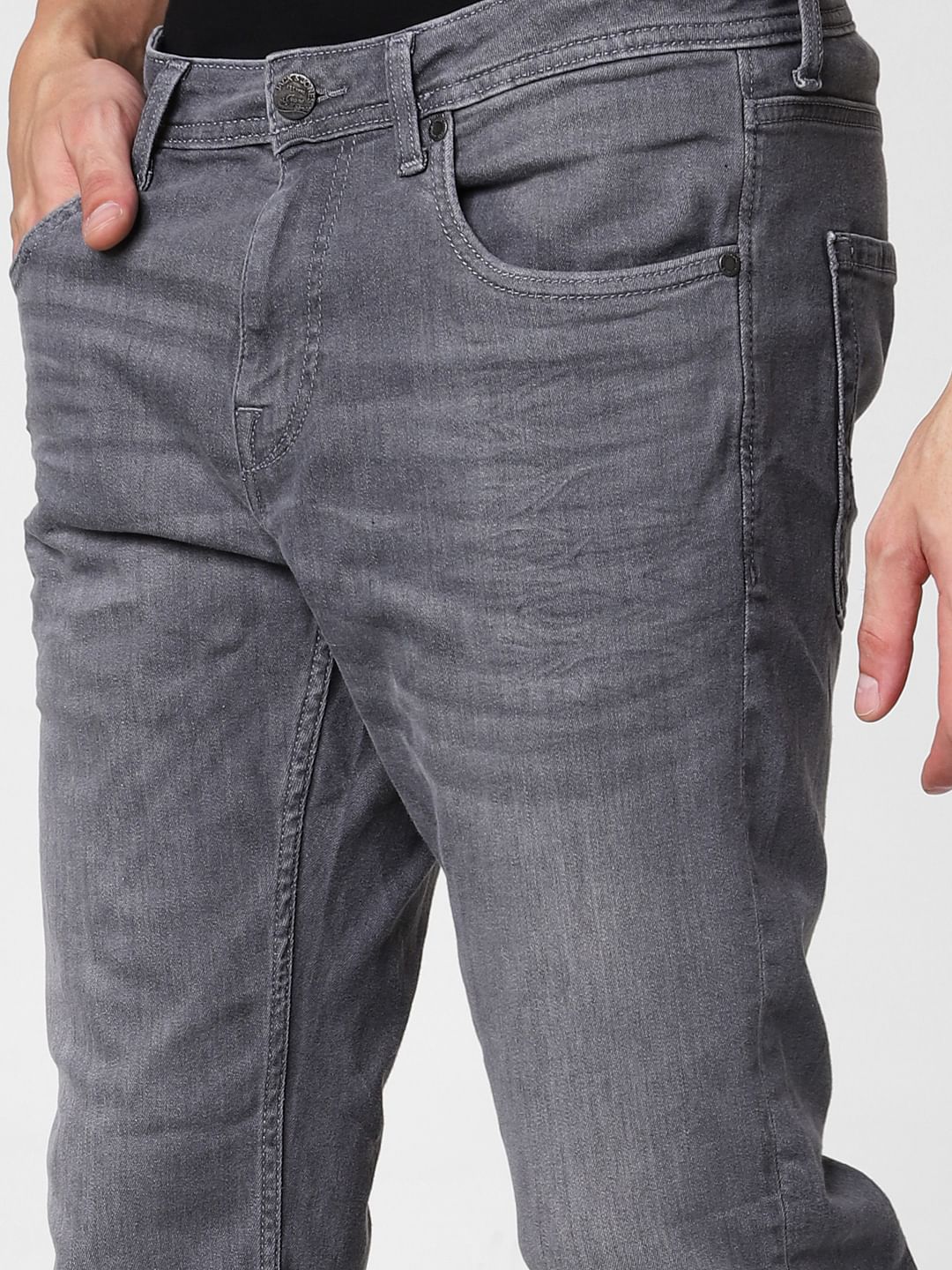 Grey Mid Rise Clark Regular Fit Jeans